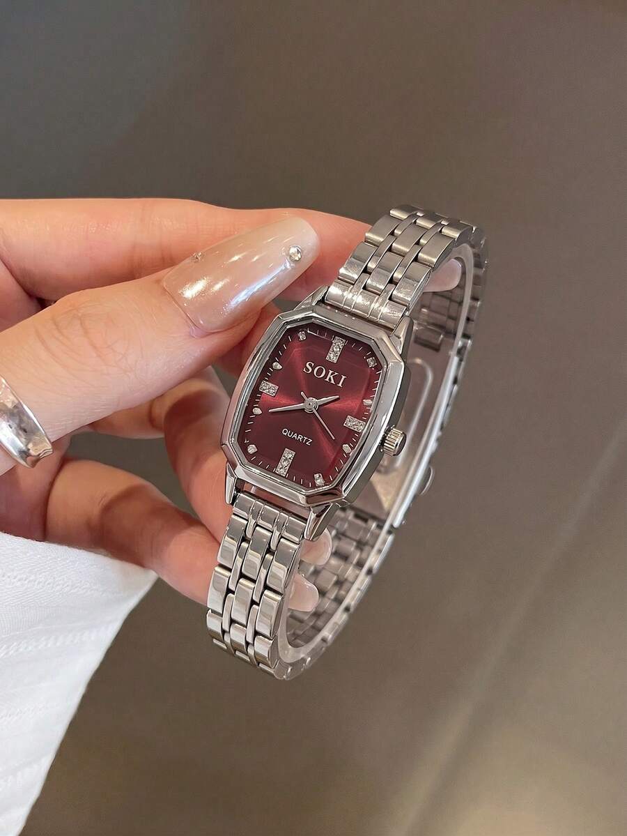 LIANDU 1件女款時尚石英腕錶，精緻紅色水鑽鑲嵌錶盤設計，多邊形錶殼搭配合金鋼錶帶，長度可調可拆卸，英式復古風格，小眾奢華時尚石英腕錶，適合假期、感恩節、聖誕節、開學季、派對、婚禮、萬聖節、復活節等多種場合，送給女性的完美禮物