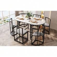 6-Chair Dining Table Set: (White Table, Chairs With Backrests And Gray Cushions, Black Iron Frame), Dining Table And Chair Set, Modern Dining Table Combination (Previous Sku:308399408AAS) - Black + MDF - View 4