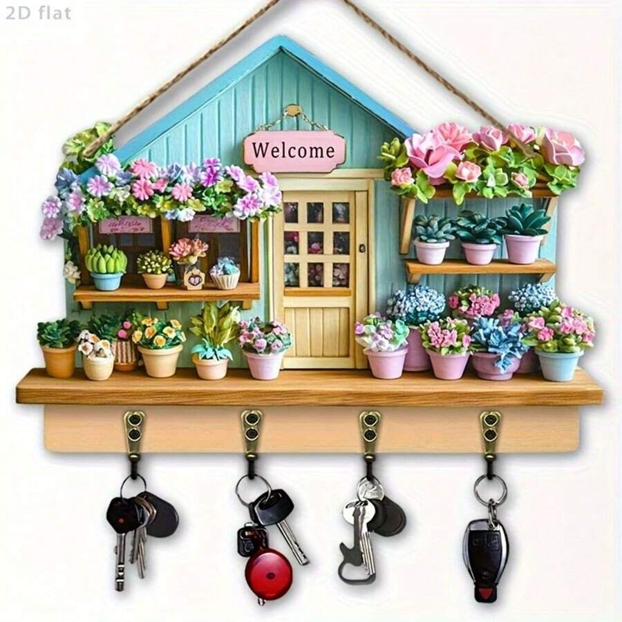 1pc Floral Cottage Wooden Multi-Function Key Rack With 4 Metal Hooks, Beautiful Rustic Farmhouse Entryway Wall Organizer, Porch Mudroom Laundry Villa Room Decor, Christmas Winter Seasonal Holiday Housewarming Gift For Family Friends - View 1