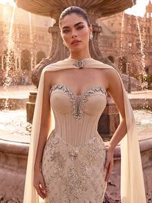 Women's Elegant Charming Romantic Formal Evening Gown, Backless Strapless Beaded Mesh Sequin Slit Cocktail Party Gala Graduation Long Dress - Beige - View 2
