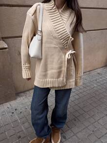 Cardigan Rajut Tebal Longgar Senya untuk Wanita, Sweater Rajut Bertekstur Ribbed dengan Ikatan Depan, Jaket Sweater Serbaguna untuk Musim Dingin, Cocok untuk Musim Gugur - Aprikot - View 2