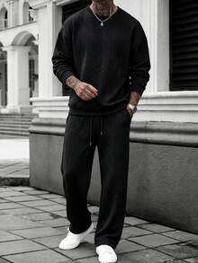 Solid Color Crew Neck Sweatshirt And Wide Leg Sweatpants 2 Pieces Set, Men's Casual Vacation Outfit - Black - View 1