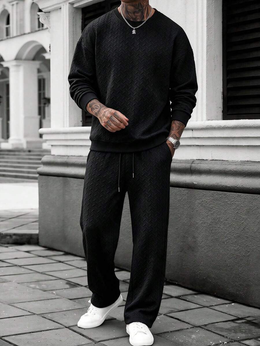 Solid Color Crew Neck Sweatshirt And Wide Leg Sweatpants 2 Pieces Set, Men's Casual Vacation Outfit - Black - View 1