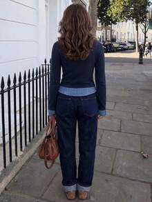 Women's Preppy Style 2 In 1 Polo Collar Long Sleeve T-Shirt, Layered Slim Fit Base Layer Top - Blue - View 3