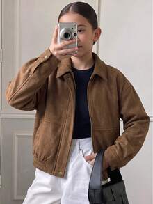 Jaket Fleece Suede Cokelat Camel Musim Dingin untuk Anak Perempuan Remaja, Pakaian Luar Serbaguna untuk Sehari-hari, Gaya Kasual Jalanan yang Modis - Coklat - View 2