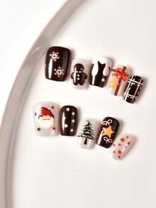 Premium Wearing Experience,10Pcs Short Square Press‑On Nails Kit,Cartoon Embossed Santa Gingerbread Man X‑Mas Tree Gift Snowflake,Reusable,With Jelly Glue & Nail File,For Women Holiday Party Daily Wear - Multicolor - View 2