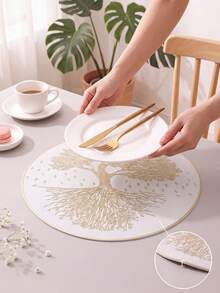 1-12pcs Luxury Tree Of Life PVC Placemats, Light Gold Embossed Round Table Mats For Holiday Table Setting - Multicolor - View 2
