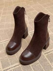 Women's Chunky Heel Thick Sole Chelsea Ankle Boots, Brown Suede Patchwork Thermal Lined, Autumn/Winter Commute Versatile Vintage High Heel Boots - Brown - View 4