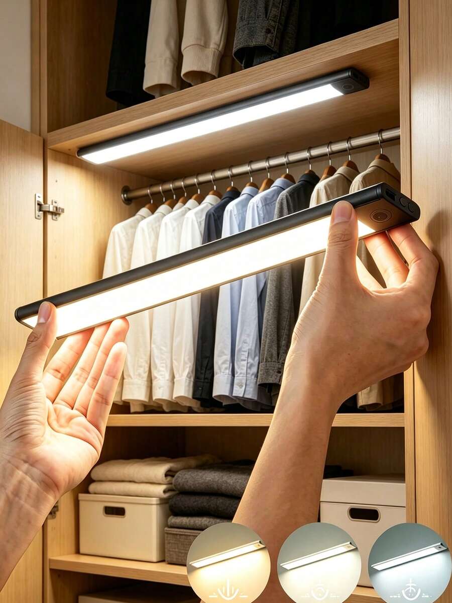 1pc Wireless LED Sensor Light, 3 Color Modes, USB Rechargeable, Ultra-Thin Smart LED Cabinet Closet Light, With Charging Cable, Suitable For Cabinet, Kitchen, Bedroom, Stair Lighting