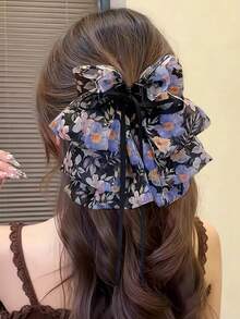 1 pieza Pinza grande para el cabello para mujer con estampado de flores blancas y negras, pinzas elegantes para el cabello, accesorios para el cabello de invierno, moda, moño para el cabello de verano - floral azul - Ver 9