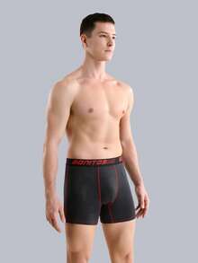 1pc Men's Mid-Length Boxer Briefs, Simple Contrast Color Line, BONITOS Letter Waistband, Mid-Waist Classic Shorts - Black - View 7