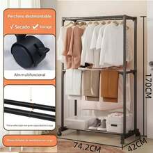 Rack para Ropa Multifuncional con Doble Barra y Estante Inferior, Perchero de Piso con Ruedas para Organizar Prendas, Zapatos, Bolsas y Accesorios, Estructura Vertical para Aprovechar Mejor el Espacio, Ideal para Recámara, Closet Abierto, Lavandería, Departamento y Oficina, Organizador Práctico para el Día a Día - Negro - Ver 11