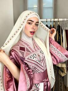 1件女款純色刺繡雪紡頭巾，舒適時尚百搭，適合日常休閒穿著 - 米色蕾絲刺繡 - 查看 3
