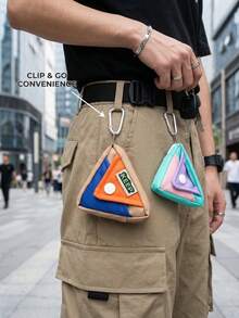Color Matching Triangle Key Bag, Macaroon Contrast Mini Nylon Purse, Carabiner Zipper Portable Hanging Storage Bag, Suitable For Daily Use. - Multicolor - View 1