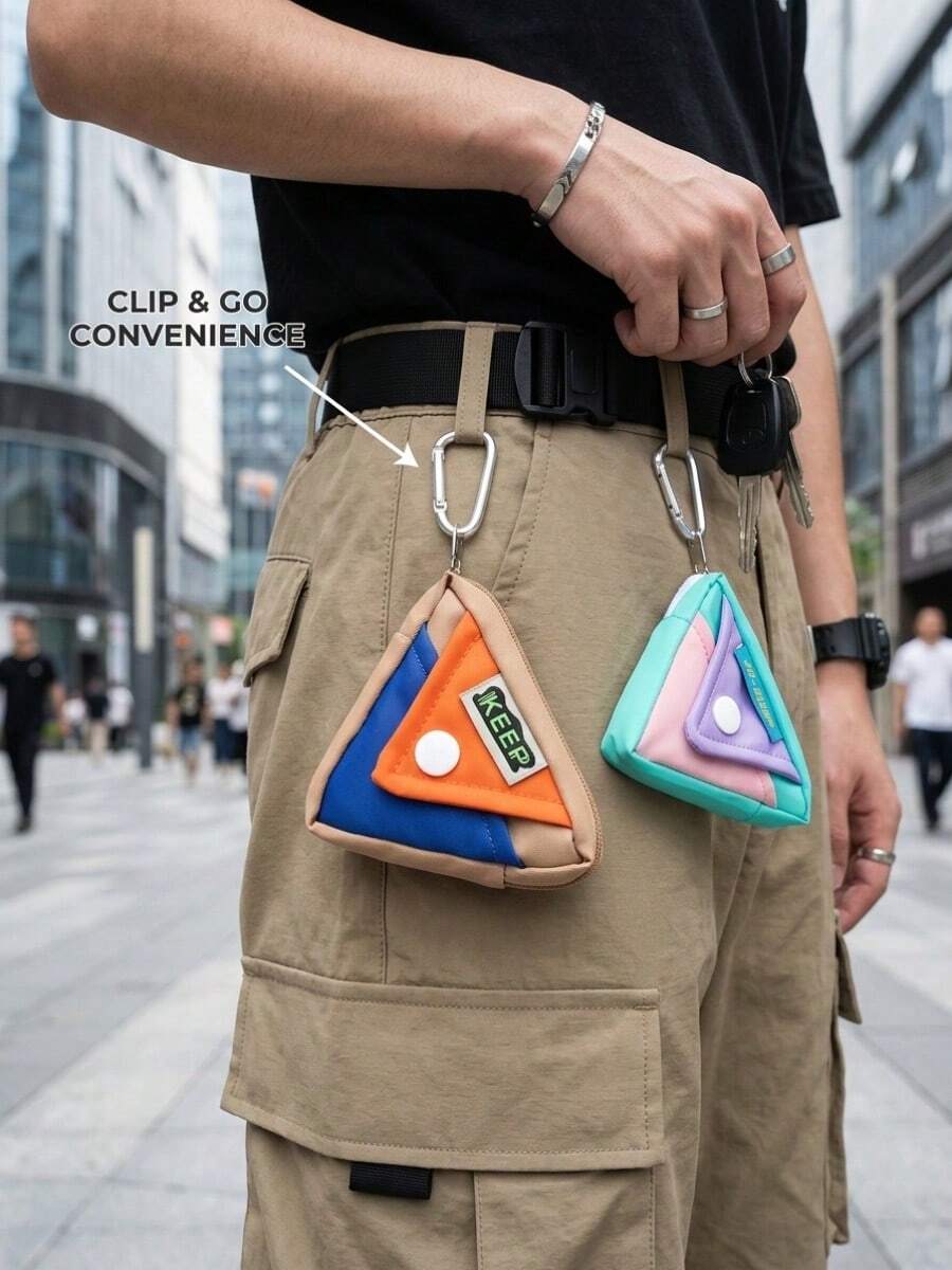 Color Matching Triangle Key Bag, Macaroon Contrast Mini Nylon Purse, Carabiner Zipper Portable Hanging Storage Bag, Suitable For Daily Use. - Multicolor - View 1