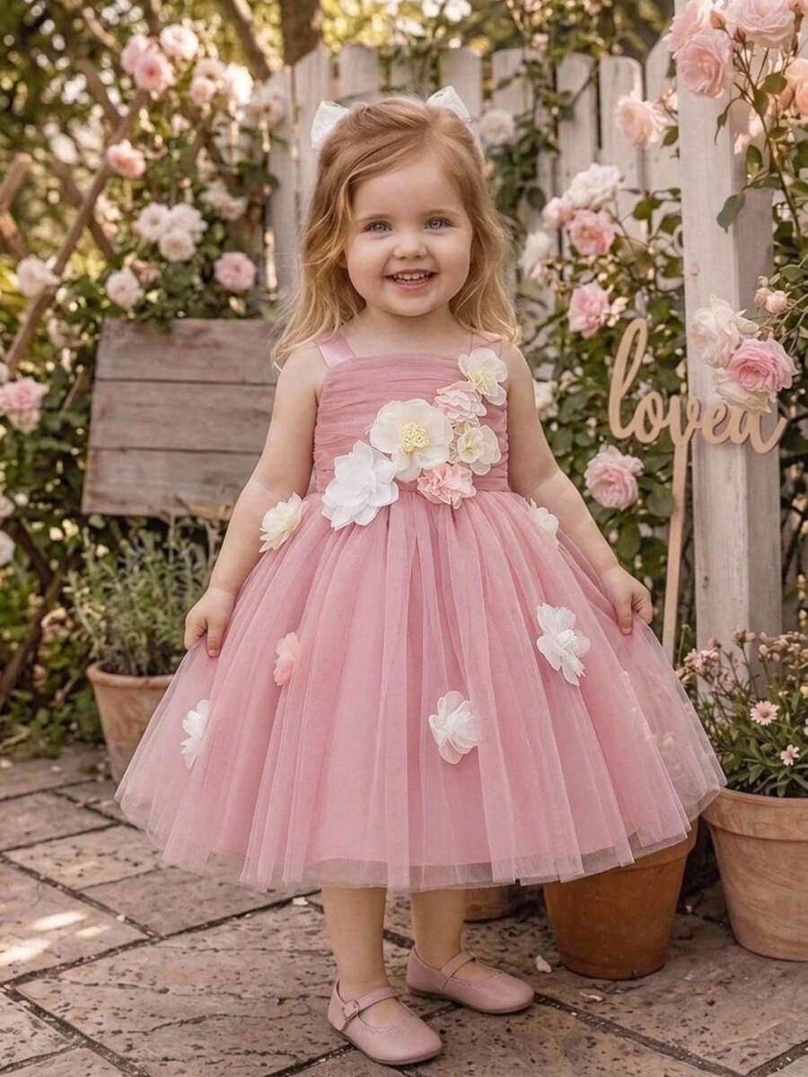 Baby Girls Sleeveless Pink 3D Floral Mesh Cute Flower Girl 1st Birthday Party Puffy Princess Dress, Headband Not Included - Dusty Pink - View 1