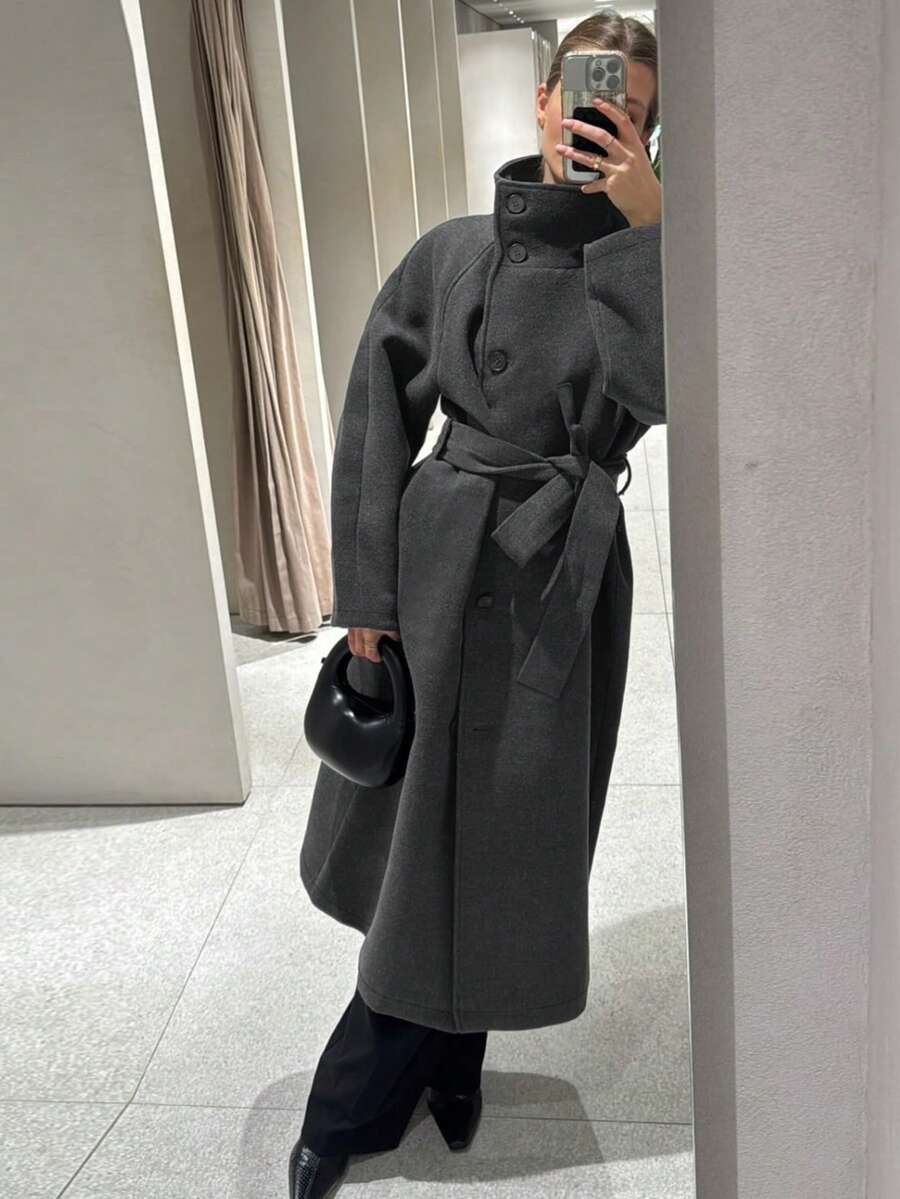 SMILE CHIC Autumn/Winter Warm Commute High Neck Tie Waist Women's Overcoat, Minimalist Daily Versatile Single-Breasted Button - Dark Grey - View 1