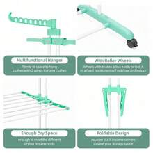 Shoze Foldable 3‑Tier Stainless Steel Laundry Drying Stand, Mobile Clothes Rack With Side Wings And Built‑In Wheels - green - View 3