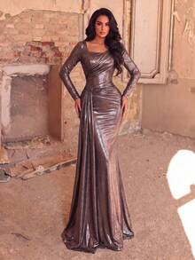 Elegantes langes Kleid für Damen, langärmeliger Strick-Meerjungfrau-Rock, quadratischer Ausschnitt, asymmetrisches Rüschen-Detail, hohe Elastizität, geeignet für Party und Hochzeit - Braun - Übersicht 9