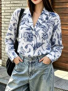 Women's Vintage Floral Print Button Front Notch Lapel Long Sleeve Shirt For Business, Office, Commute, Vacation, Holiday, Spring Fall Winter - Blue - View 5