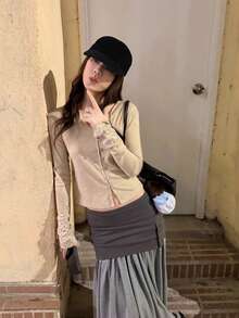 Women's Autumn/Winter Casual Knit Top With Coconut Shell Button Placket, Polka Dot Patchwork, Flared Sleeves, Cropped Base Layer - Apricot - View 7