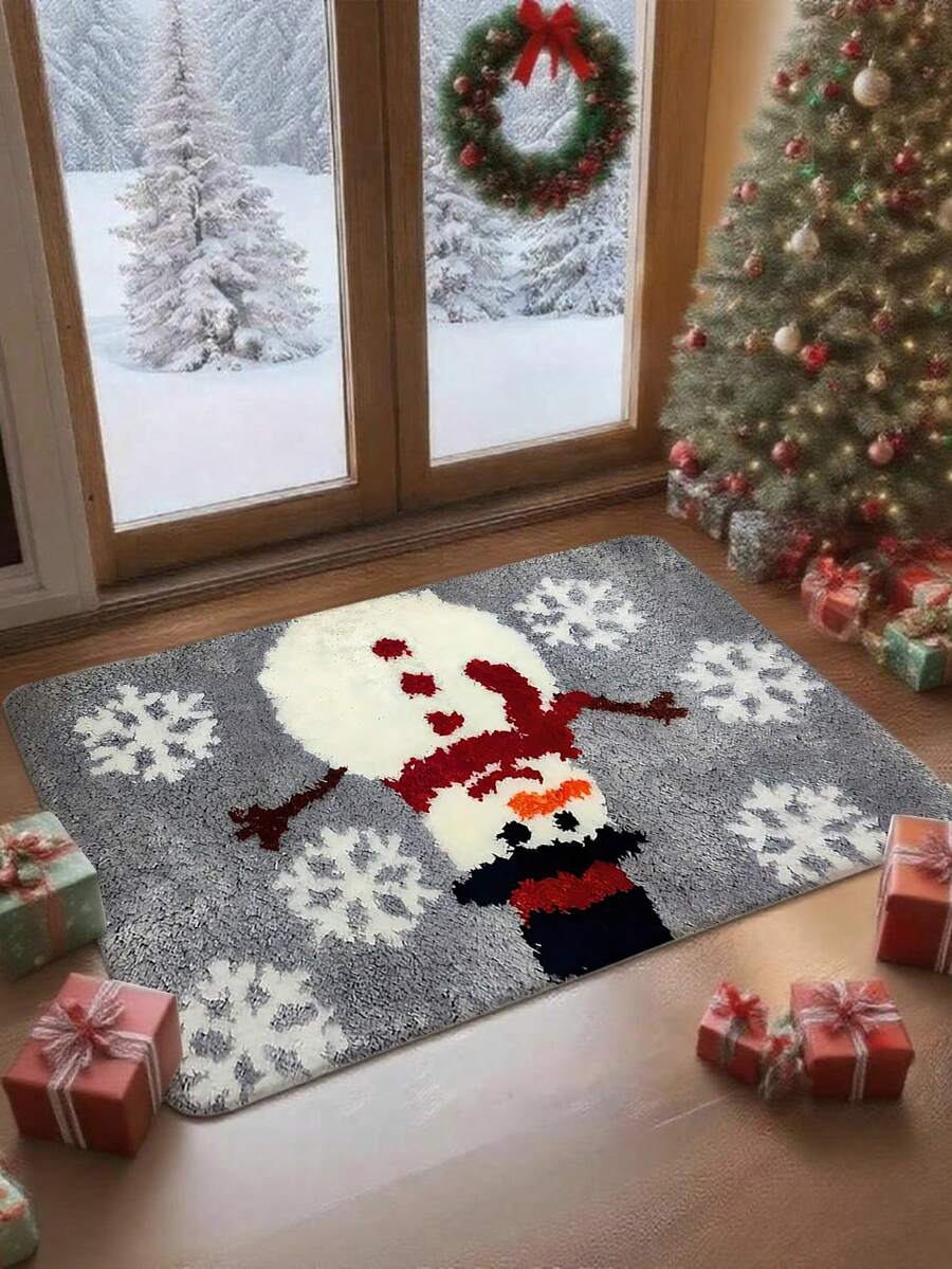 1pc 3D Embossed Non-Slip Christmas Winter Snowflake Snowman Doormat, Suitable For Entryway, Study, Bedside, Floor Mat, Outdoor, Easy To Clean, Non-Slip, Quick Drying, All Season Use, Washable, Essential Christmas Decoration
