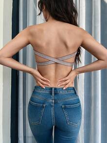 1pc Shiny Woven Tape Criss-Cross Lace Strapless Bandeau Top For Women - Red - View 3