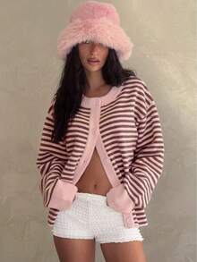 Women's Autumn/Winter New Fashion Street Style Casual Loose Colorblock Striped Knit Button Cardigan - Pink/Coffee White - View 2