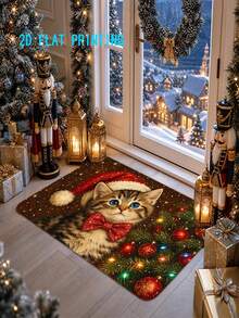 1pc Christmas Cat Theme Entryway Door Mat, Holiday Entrance Rug, Crystal Velvet Material, Machine Washable, Perfect Christmas Home Decor, Suitable For Living Room Sofa, Bedside, Kitchen, Hallway, Living Room, Bathroom, Bedroom, Holiday Decoration, Christmas Decorative Rug - Christmas - View 8