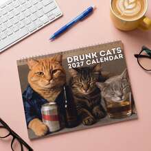 1pc 2027 Drunk Cat Wall Calendar, Funny Cat Calendar, Gag Gift For Cat Lovers, Gift Exchange, Hilarious Colleague Christmas Gift - A - View 1