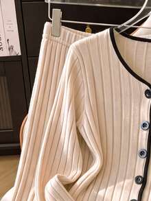 Set Piyama Rajut Bertekstur untuk Anak Perempuan, Atasan Lengan Panjang Kancing Depan dengan Trim Hitam Kontras & Celana Pinggang Elastis, Baju Tidur dan Loungewear Lembut Slim untuk Remaja - Putih - View 7