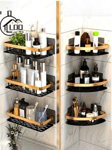 2 piezas Estante de aluminio para champú, estante de almacenamiento de baño, estante de almacenamiento de cocina, estante de ducha, accesorios de baño, estante de almacenamiento montado en la pared sin taladro, adecuado para almacenar cosméticos y artículos de tocador, lavabo, estante de almacenamiento de cocina. - Cuadrado azul, y dorado, 1 unidad - Ver 12