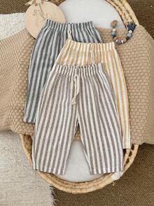 3Pcs/Set Baby Toddler Khaki White Vertical Striped Elastic Waist Drawstring Wide Leg Pants Summer Breathable Casual Children Long Pants - Multicolor - View 16