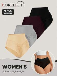 Morelect 4pcs Plus Size Women's Lace Patchwork Minimalist Thong Panties, Sexy Underwear - Multicolor - View 4