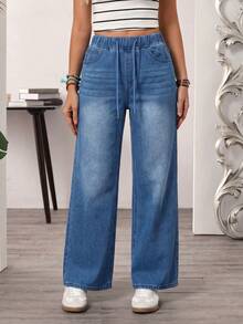 1 buah Celana Jeans Denim Kasual dengan Motif Kumis Kucing dan Tali Serut, Cocok untuk Sekolah, Liburan, Pakaian Sehari-hari Sepanjang Musim, Kostum Halloween, Akhir Pekan Halloween, Keseruan Halloween - Medium Wash - View 5