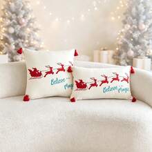 LCUHPCL 1pc Cream Christmas Style Santa Claus Reindeer Sleigh 3D Embroidered Tassel Decor Pillowcase, Home Decor For Living Room, Bedroom, Party, Sofa, Car And More - Multicolor - View 2