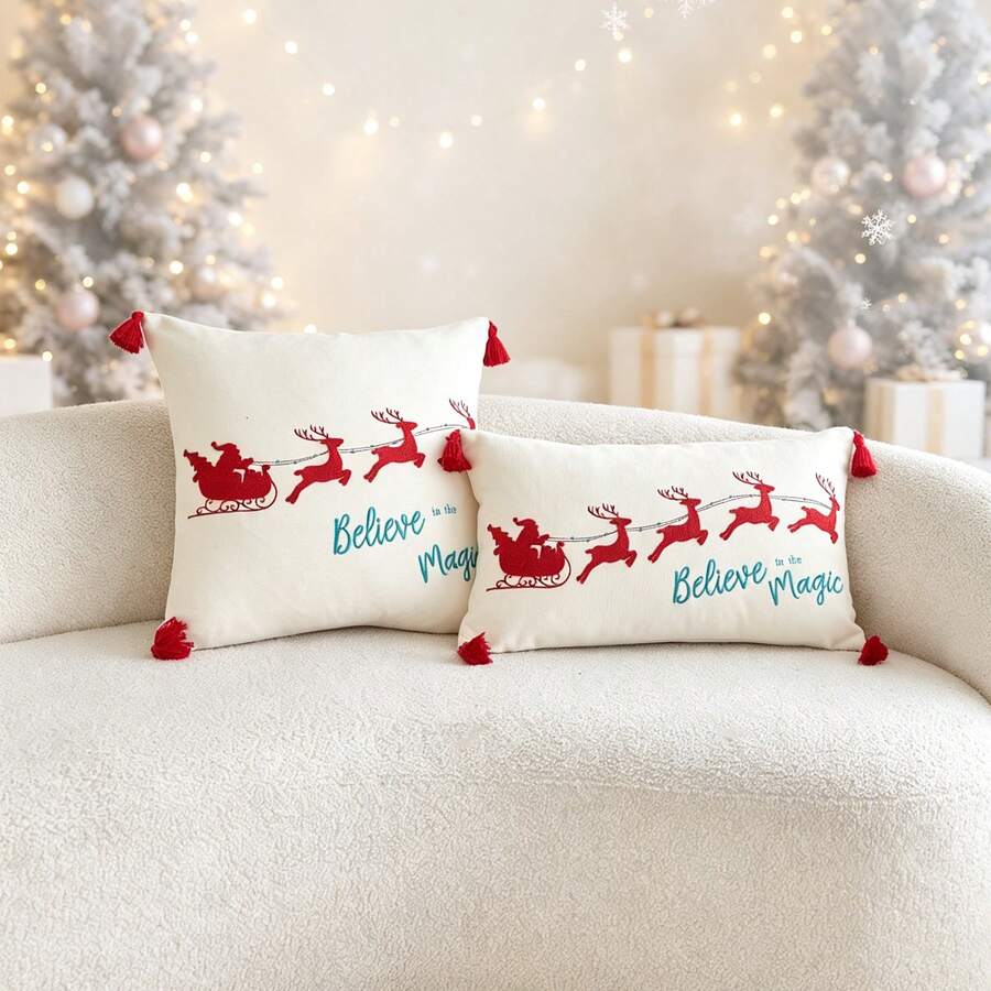 LCUHPCL 1pc Cream Christmas Style Santa Claus Reindeer Sleigh 3D Embroidered Tassel Decor Pillowcase, Home Decor For Living Room, Bedroom, Party, Sofa, Car And More