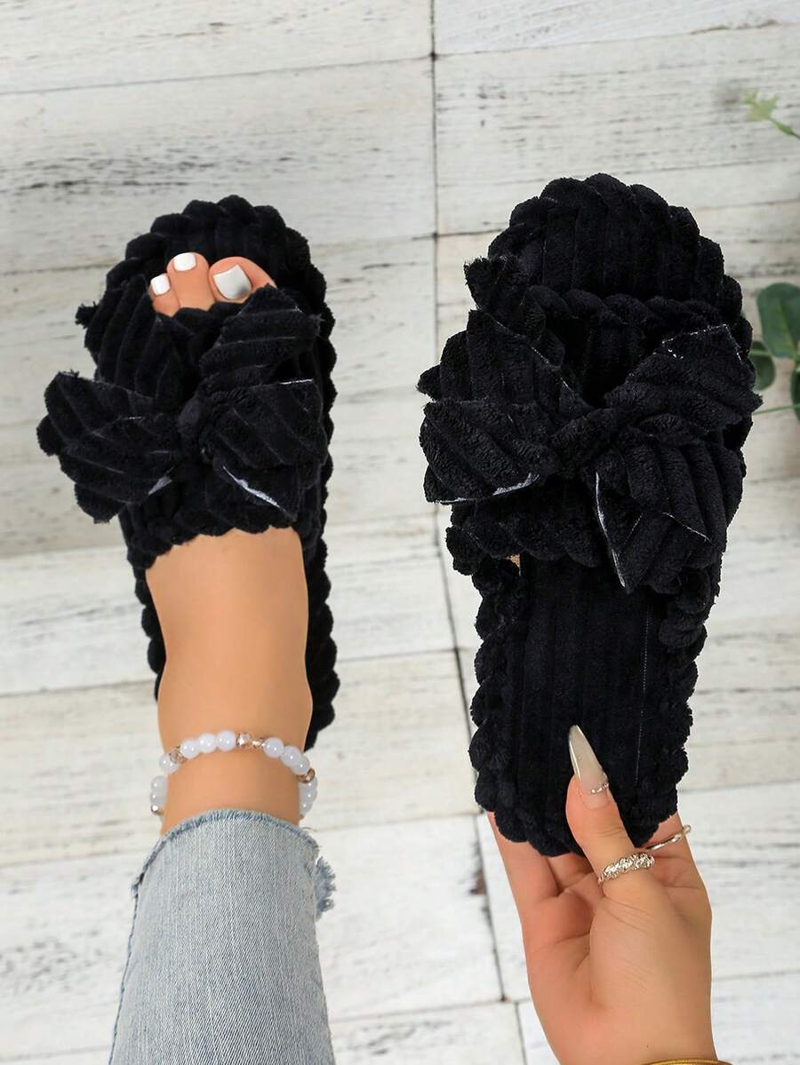 Fashionable New Striped Bow Open Toe Slip-On Slippers, Comfortable House Shoes For Spring, Autumn And Winter - Black - View 1