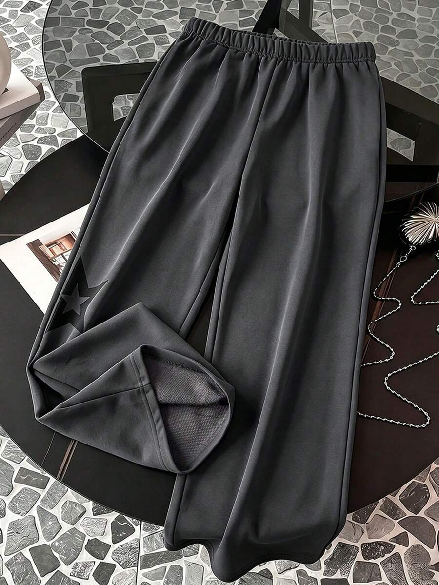 Lurzo Young Girls Y2K Street Casual Loose Joggers, Personalized Star Pattern Design On Sides, Y2K Style, Suitable For Daily Wear And Sports - Dark Grey - View 1