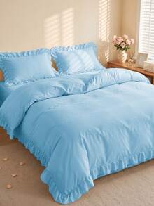 Set Sprei Selimut Berumbai 2/3 pcs, Perlengkapan Tidur Asrama, Set Sprei Warna Polos, Dekorasi Kamar, Ramah Kulit dan Bernapas, Sangat Lembut dan Anti-Pilling, Sprei Ukuran Twin XL, Isi Selimut Tidak Termasuk, Cocok untuk Ukuran Twin, Full, King, Queen, Sepanjang Musim, Dapat Dicuci dengan Mesin, Kembali ke Sekolah - Biru langit - View 4