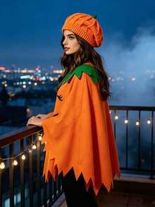 2pcs/Set Halloween Pumpkin Face Poncho Costume Set Knit Pumpkin Hat Party Outfit For Women Holiday Cosplay - Orange - View 6