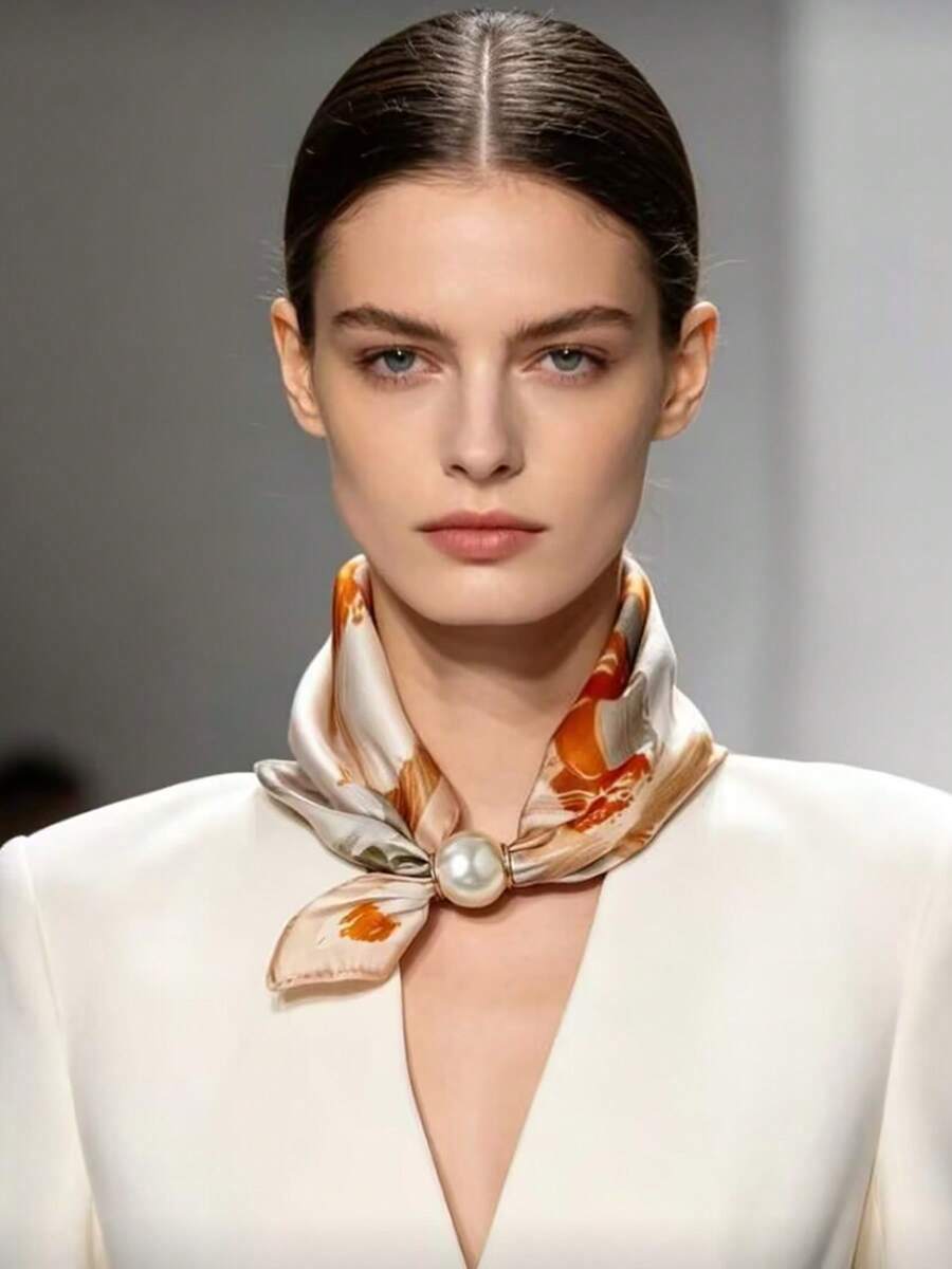1pc Premium Large Pearl (2.5CM Diameter) Magnetic Buckle Scarf Necklace, Neck Ring Scarf, Slouchy Necklace Style Printed Scarf, Lightweight Versatile Accessory Suitable For All Seasons - Multicolor - View 1