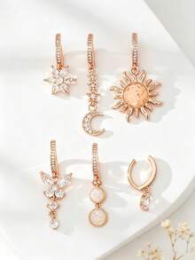 6pcs Women's Fashion Sexy Sun Moon Butterfly Flower Shaped Cubic Zirconia Belly Button Rings Navel Piercing Jewelry Set, Suitable For Daily Wear, Party And Piercing Enthusiast Styling Occasions - 6 Items - View 6
