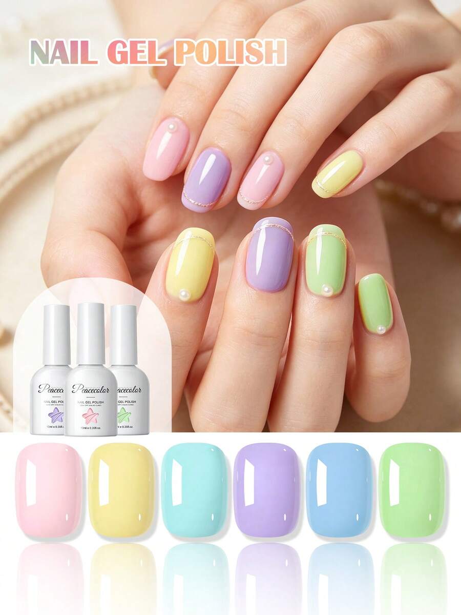 PEACECOLOR 10ML 馬卡龍色凝膠指甲油套組，6色可浸泡脫色 UV LED 凝膠，持久春/夏糖果色美甲沙龍 DIY 美甲用品 節日禮物