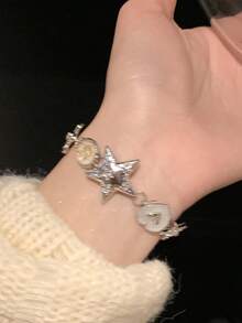 1PC Y2K Star Heart Charm Bracelet, Silver Tone Hollow Flower Rose Pendant Chain Bracelet, Rhinestone Inlaid Daily Party Jewelry Gift For Women - Multicolor - View 4