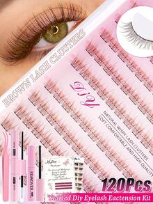 MEM 120-Piece Set Of D-Curl Brown Cluster Lashes (Includes Glue, Remover, And Tweezers) – Voluminous, Lightweight, Soft, And Fluffy; Perfect For Glamorous Looks; Essential DIY Tool For Home Application; Suitable For Travel, Halloween, And Daily Use. - Brown - View 3