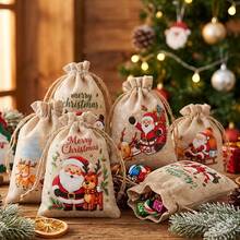 1/8/16pcs, Christmas Gift Drawstring Bags, Snowman & Santa Pattern Burlap Sack For Holiday Gift Packing - Multicolor - View 7