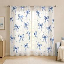 2Pcs Blue Watercolor Bow & Star Print Curtains, Fresh Artistic Pattern, Living Room Bedroom Home Decor Hanging Curtains - Baby Blue - View 4