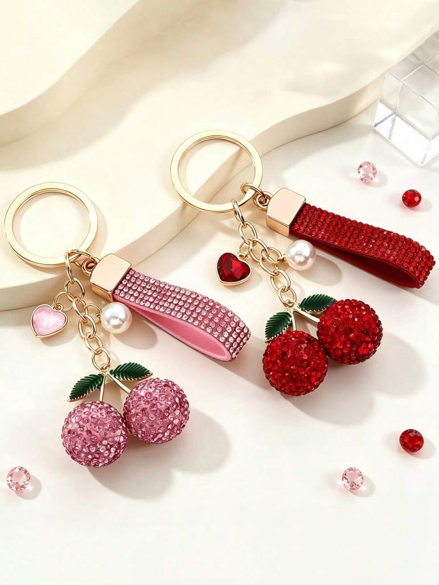 1pc/Set Exquisite Luxury Full Rhinestone Cherry Pearl Heart Keychain, Fashionable Elegant Cherry Keychain Light Luxury Niche Rhinestone Car Keychain Bag Decoration Accessory, High-End Metal Keychain Accessory, Girls' Favorite Gift - Multicolor - View 1