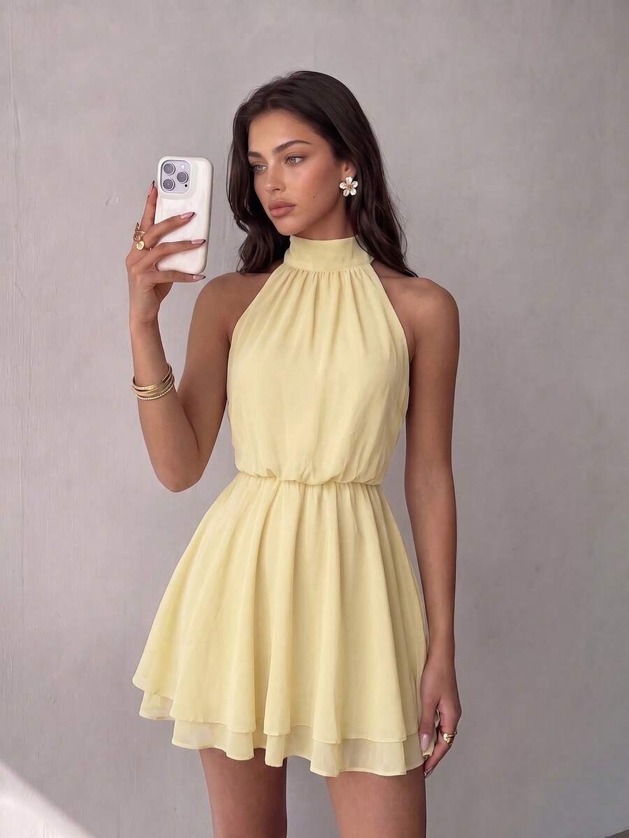 Casual Yellow Halter Neck Sleeveless A-Line Mini Dress, Chiffon Material, With Layered Hem And Tie Back Detail, Suitable For Summer Vacation, Beach, Outing, Wedding - Light Yellow - View 1
